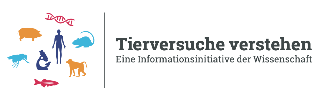 Logo der Initiative Tierversuche verstehen mit Wortmarke - eine Informationsinitiative der Wissenschaft und kleinen Abbildungen von einem Menschen, einem Affen, einer Mausm einem Mikroskop, einem Fisch, einer Fliege, eines Scweins und einem DNA Molekül.