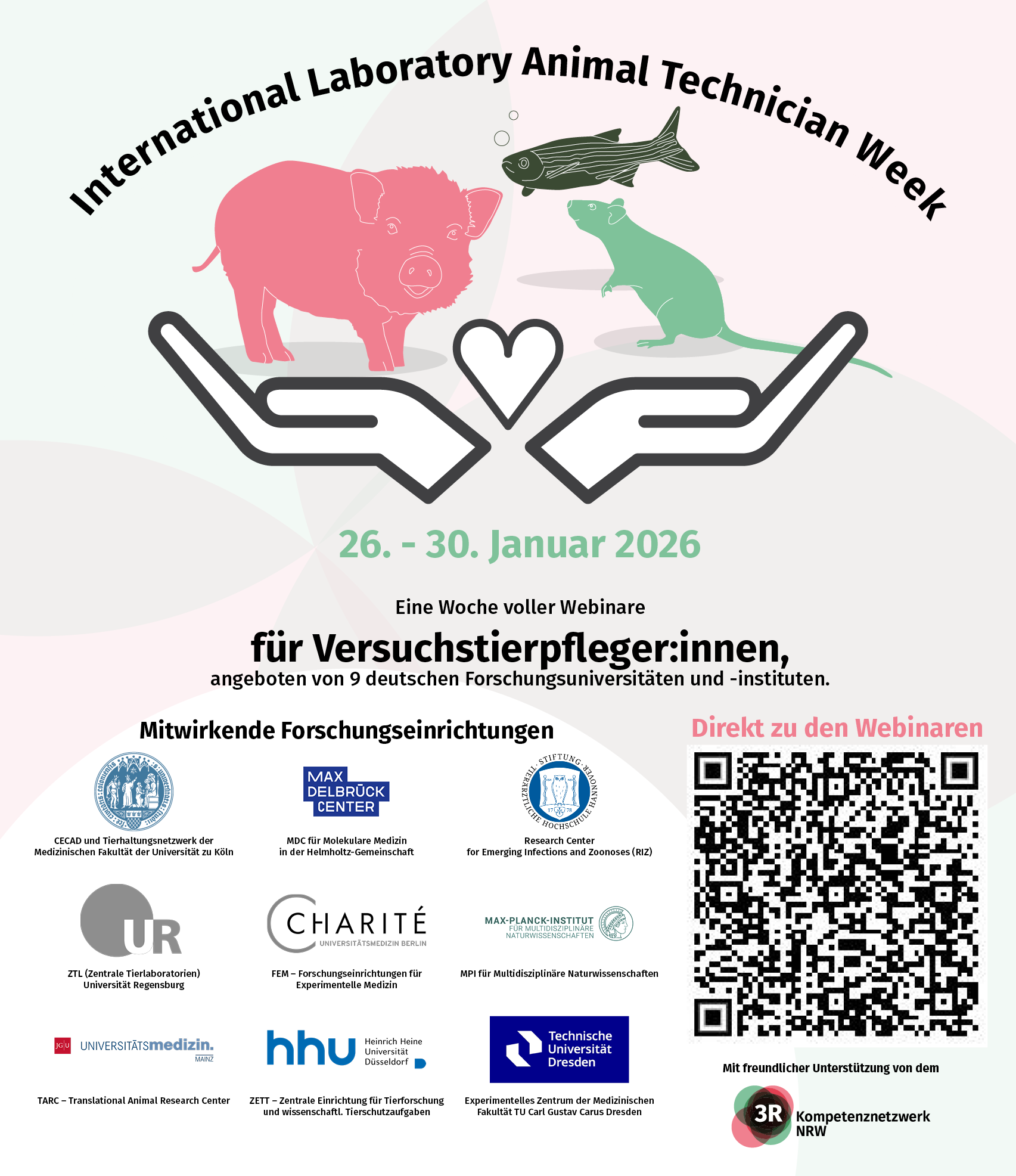 Plakat der International Laboratory Animal Technician Week 2026. Es sind auf dem Poster ein rotes Schwein, dunkelgrüner Zebrabärbling und eine grüne Ratte dargestellt.