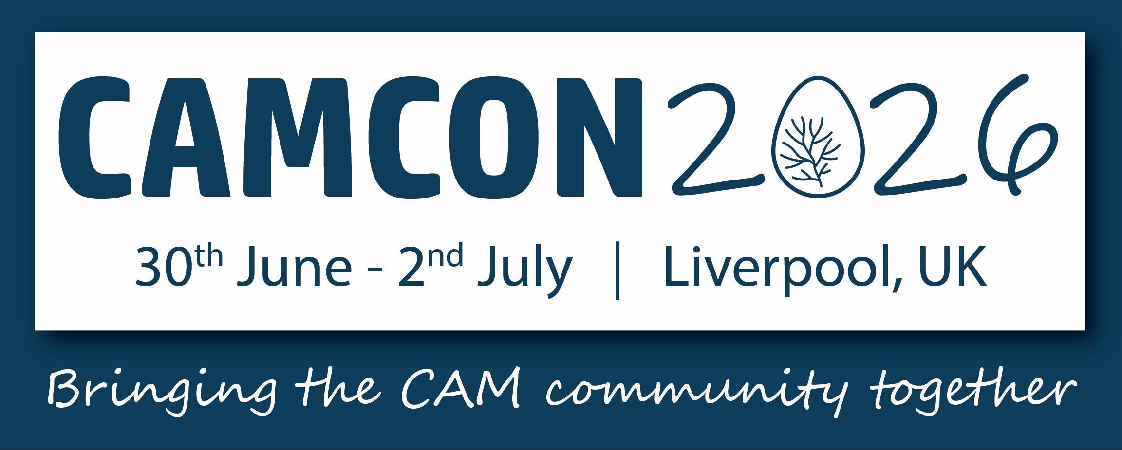 Das Bild zeigt den Text "CAMCON 2026, 30th June-2nd July, Liverpool, UK" in blauer Schrift auf weißem Grund, sowie "Bringing the CAM community together" in weißer Schrift auf blauem Grund.
